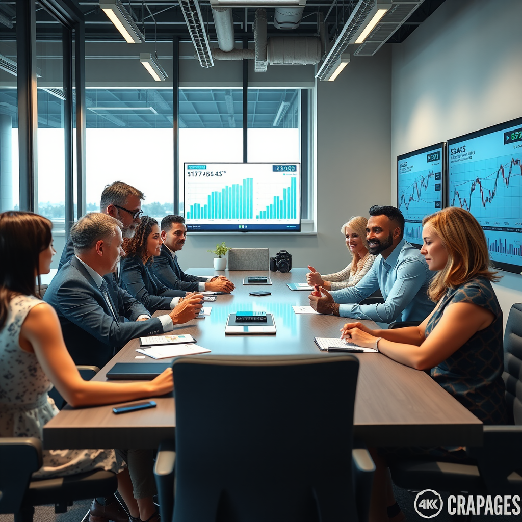 Professional leadership team meeting in modern office with diverse executives discussing global payment strategies, financial charts on screens, contemporary corporate environment