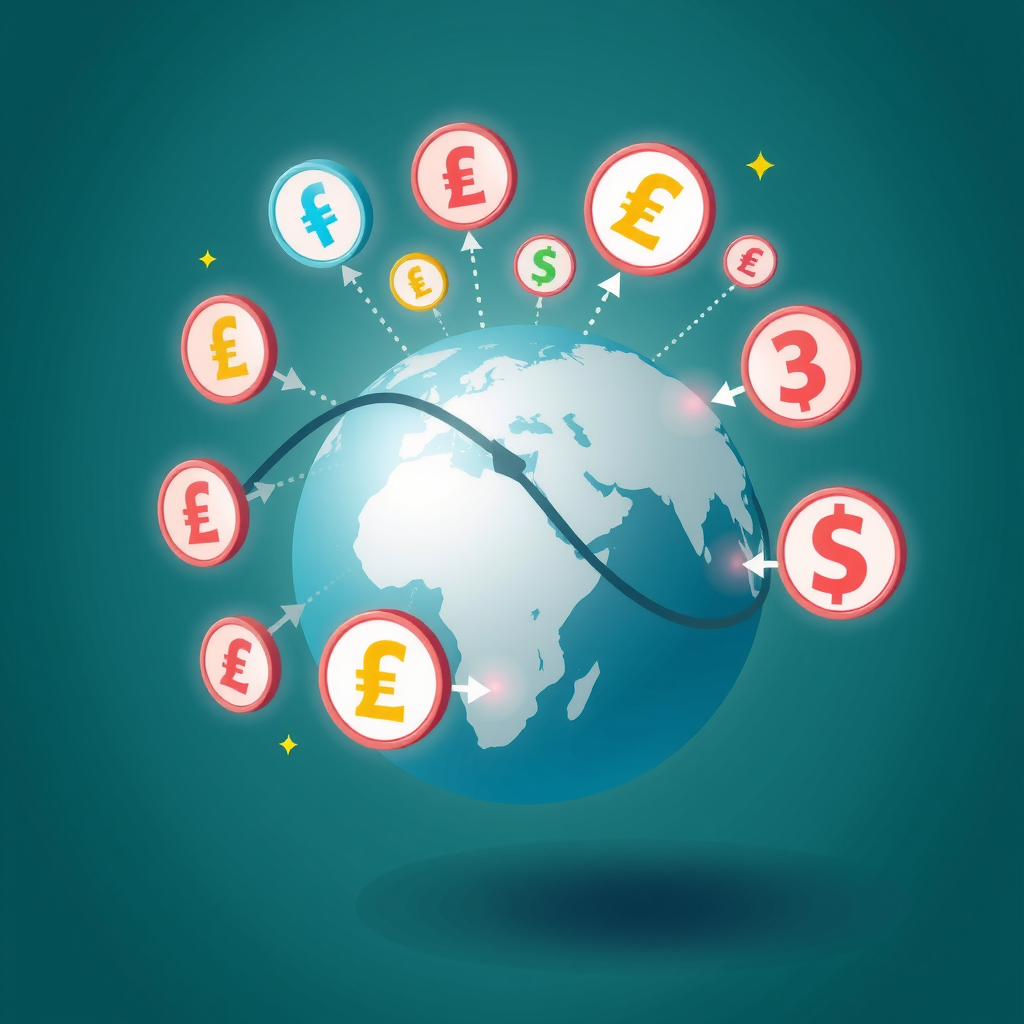 Illustrazione moderna di transazioni finanziarie globali con icone di valute multiple, frecce di trasferimento denaro che attraversano un globo digitale, simboli di pagamento internazionale e grafici di cambio valuta su sfondo teal professionale