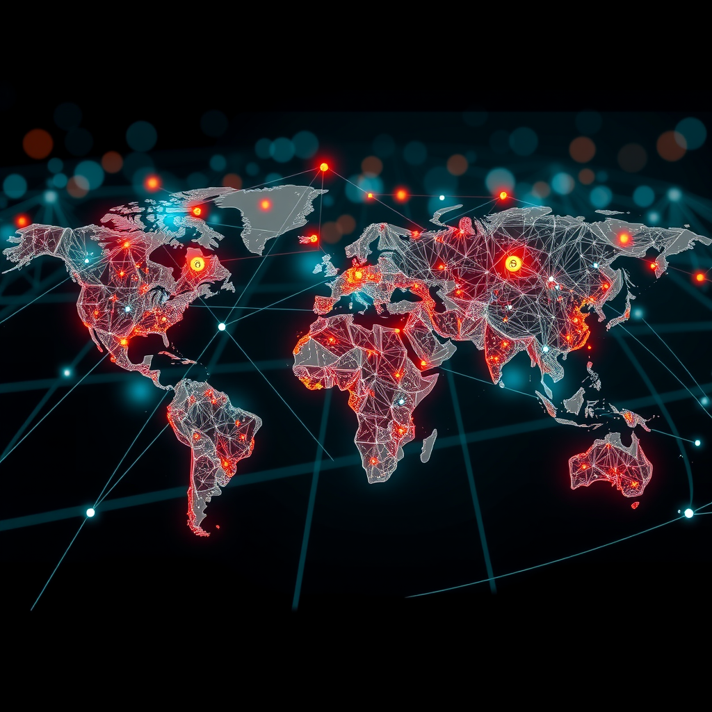 Modern digital payment network visualization showing interconnected nodes representing global financial transactions across continents with teal and orange accents, symbolizing seamless cross-border money transfers