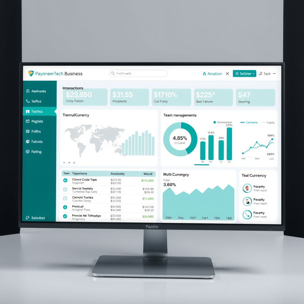 Dashboard moderna del conto business PayoneerTech che mostra grafici di transazioni internazionali, saldi multi-valuta e strumenti di gestione team su uno schermo professionale con interfaccia teal e bianca