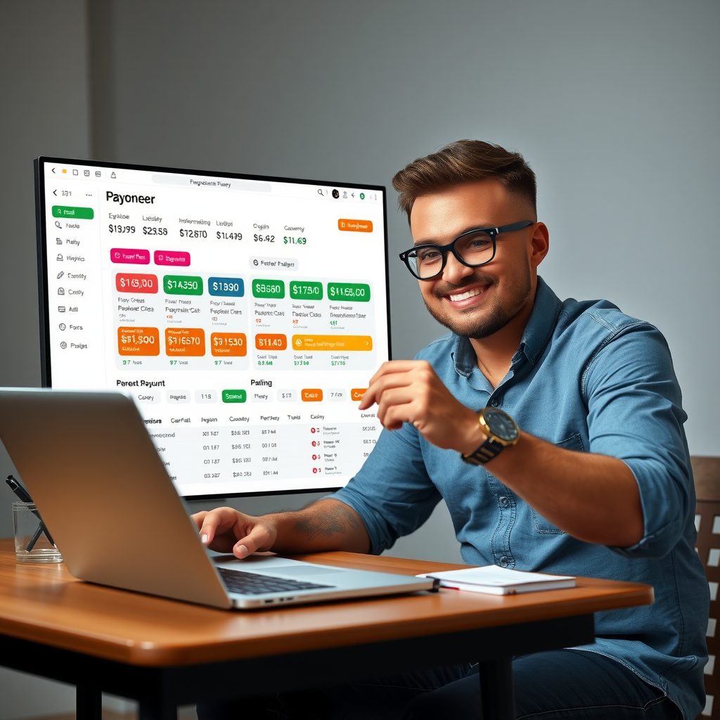 Freelancer professionista che riceve pagamenti internazionali tramite laptop con dashboard PayoneerTech che mostra conti in valute multiple e cronologia delle transazioni