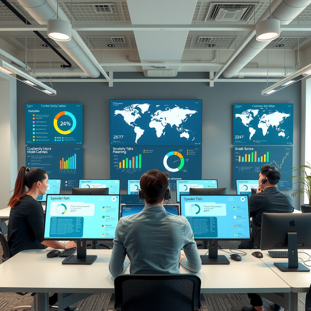 Team di professionisti del supporto clienti PayoneerTech riuniti in un moderno ufficio open space con schermi che mostrano dashboard di assistenza clienti, grafici di soddisfazione e mappe globali che indicano le diverse zone orarie coperte dal servizio 24/7