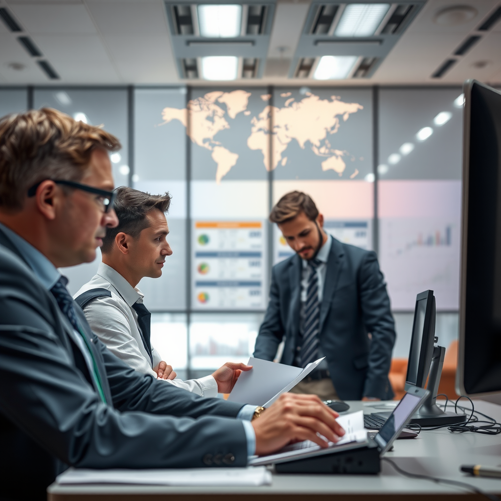Financial services specialists working with international transaction systems, multiple currency displays, compliance documentation, professional office setting with global payment technology