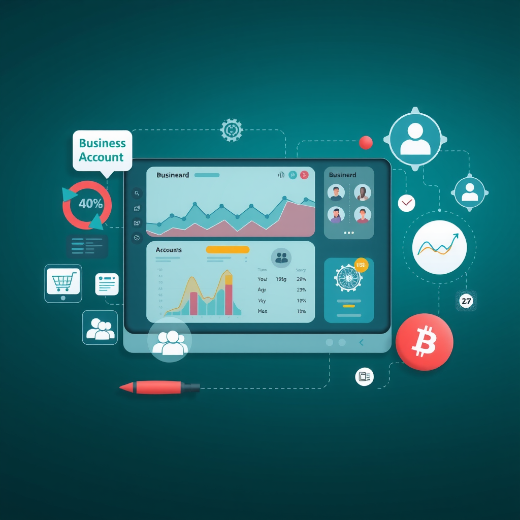 Rappresentazione professionale di servizi di conto aziendale con dashboard digitale, grafici di crescita aziendale, icone di integrazione e-commerce, simboli di gestione team, interfaccia di supporto clienti e elementi di account multivaluta su sfondo teal scuro elegante