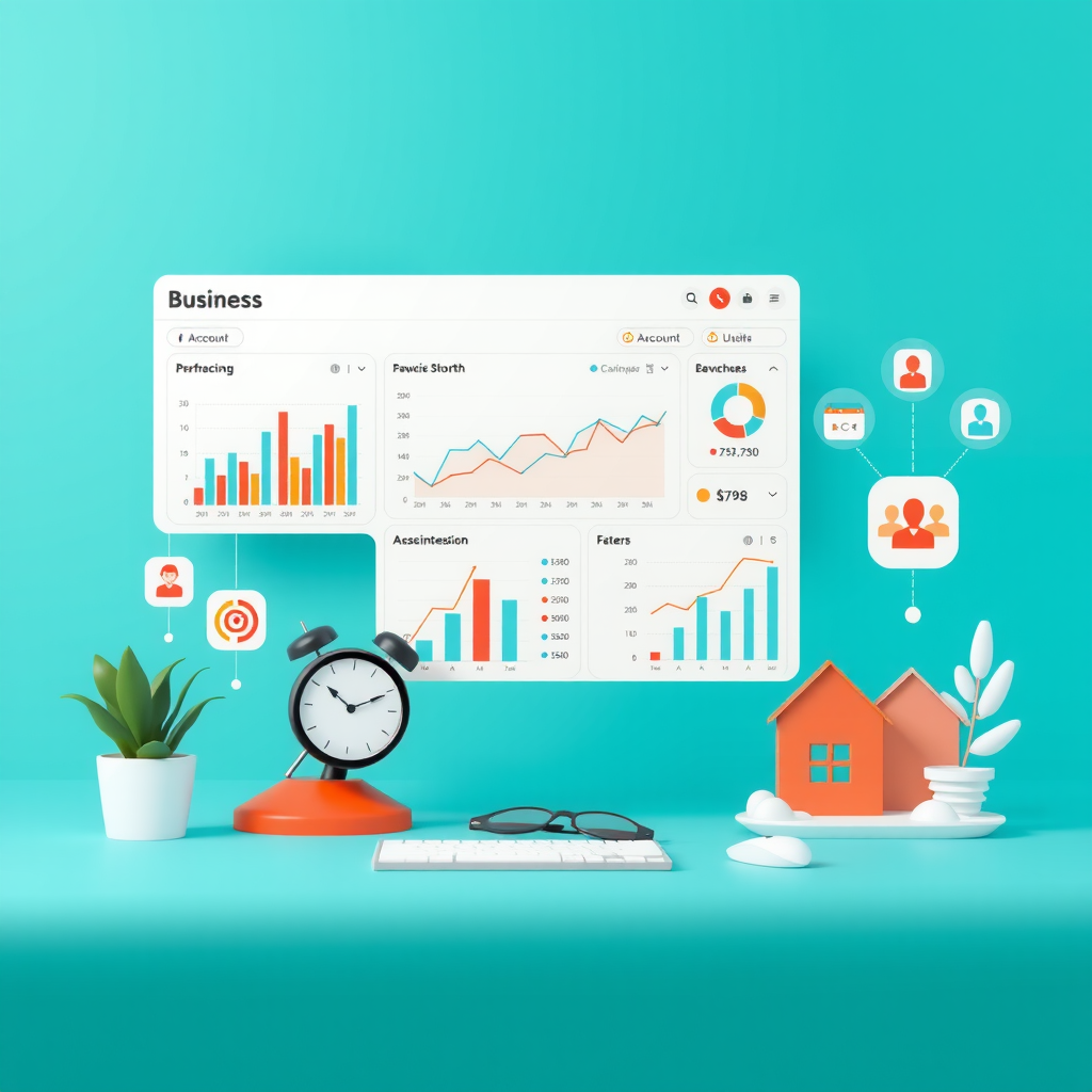 Rappresentazione visiva di servizi per account aziendali con dashboard finanziaria, grafici di crescita aziendale, icone di integrazione e-commerce e strumenti di gestione team su sfondo professionale teal