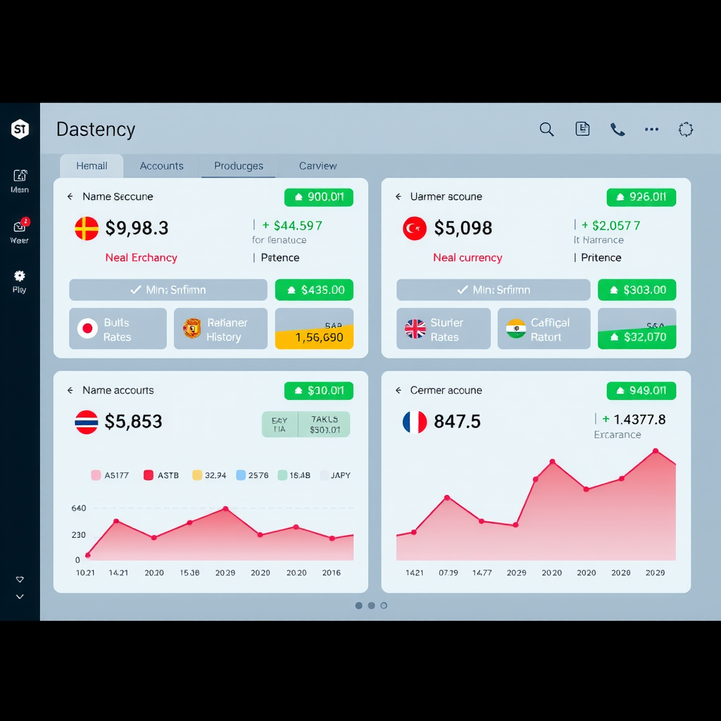 Professional dashboard interface showing multiple currency accounts with real-time exchange rates, transaction history, and balance overview in various currencies including USD, EUR, GBP, and JPY with clean modern design