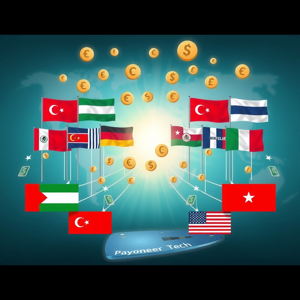 Illustrazione di conti virtuali multi-valuta con bandiere di diversi paesi, simboli di valute internazionali e flussi di pagamento che convergono verso un'unica piattaforma centralizzata PayoneerTech