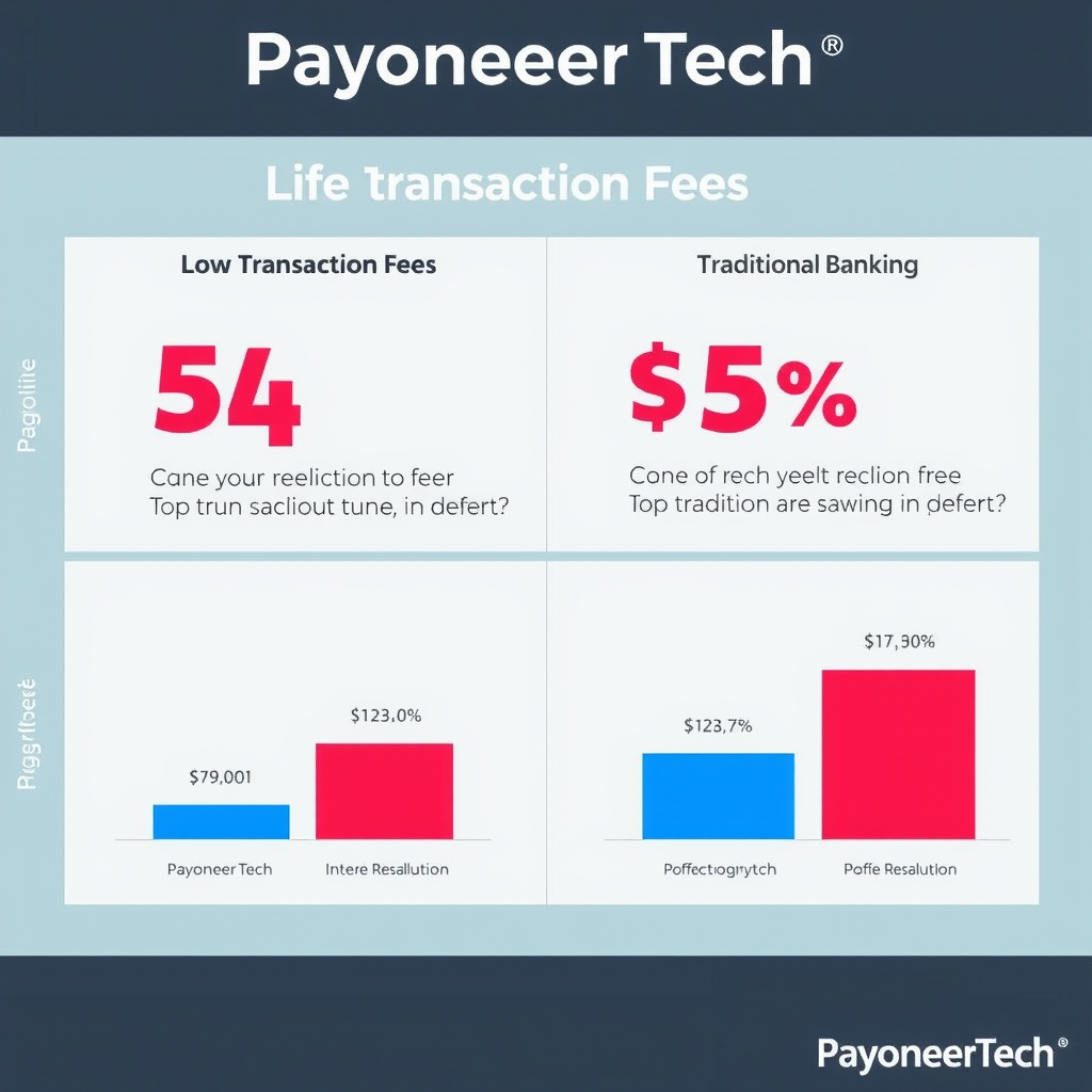 Grafico comparativo che mostra le basse commissioni di transazione di PayoneerTech rispetto ai metodi bancari tradizionali con grafici visivi e percentuali di risparmio