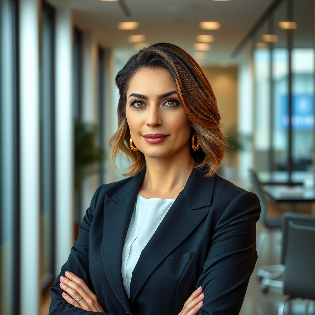 Elena Rossi, CFO di PayoneerTech, donna professionista in abbigliamento business elegante, ambiente ufficio moderno, espressione competente e determinata