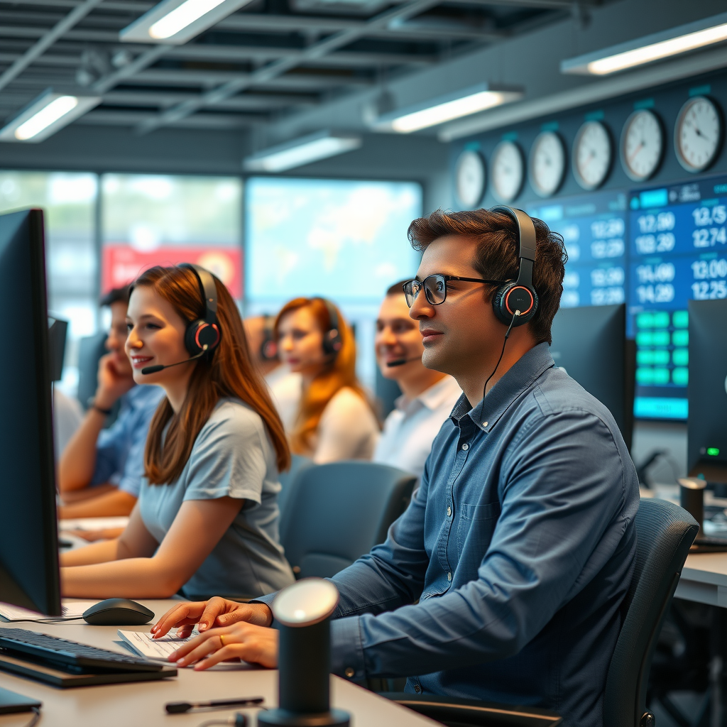 Multilingual customer support team wearing headsets in modern call center, diverse professionals assisting clients with payment solutions, 24/7 support environment with multiple screens and global time zone clocks
