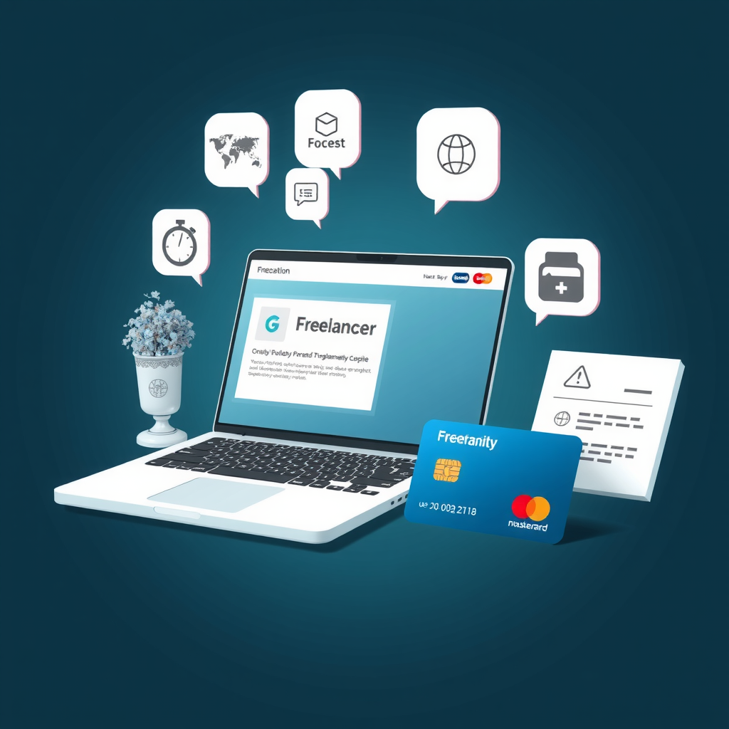Illustrazione di piattaforma per freelancer con laptop, icone di marketplace globali, simboli di pagamento veloce, carta prepagata Mastercard e strumenti di gestione fiscale su sfondo teal scuro professionale