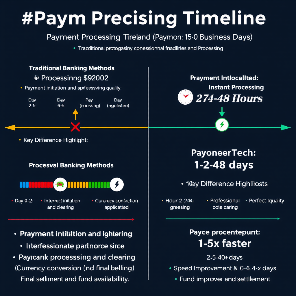 Infographic showing payment processing timeline comparison between traditional banking methods taking 5-10 days versus PayoneerTech instant processing within 24-48 hours, with visual timeline and speed indicators