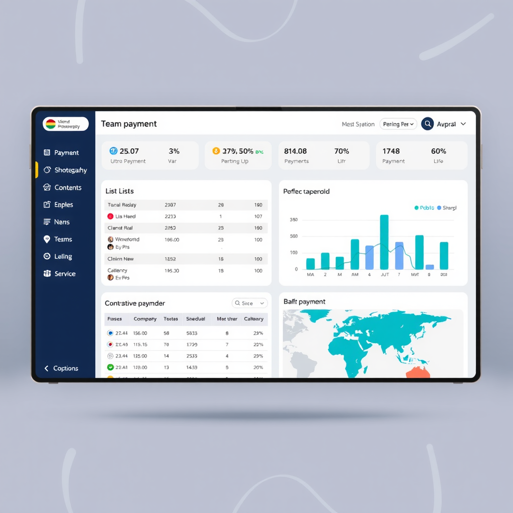 Dashboard di gestione pagamenti team che mostra lista di beneficiari internazionali, opzioni di pagamento batch, calendario pagamenti programmati e statistiche di distribuzione geografica dei pagamenti