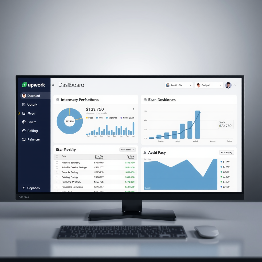 Dashboard che mostra l'integrazione con multiple piattaforme freelance inclusi Upwork, Fiverr, Freelancer con routing automatico dei pagamenti