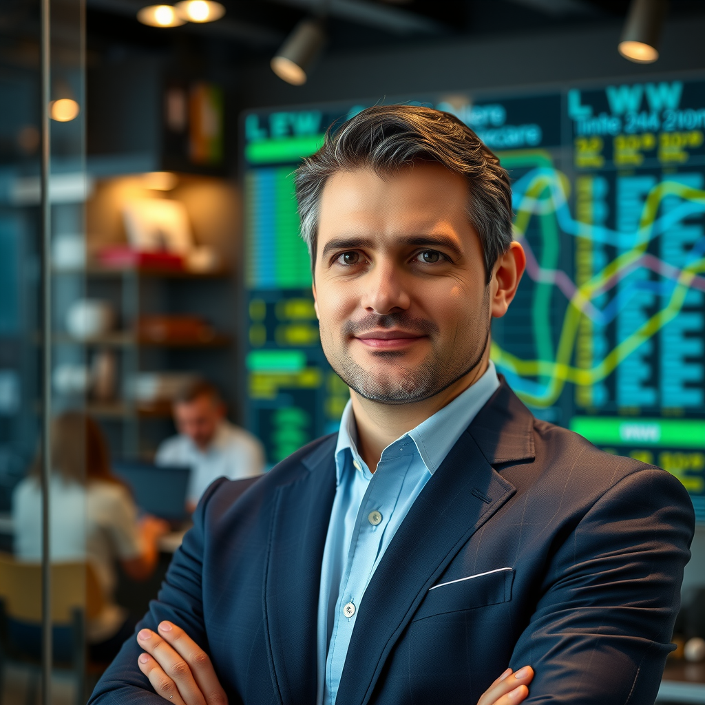 Alessandro Ferrari, CTO di PayoneerTech, professionista tecnologico in ambiente innovativo, espressione creativa e visionaria, sfondo con elementi tech moderni