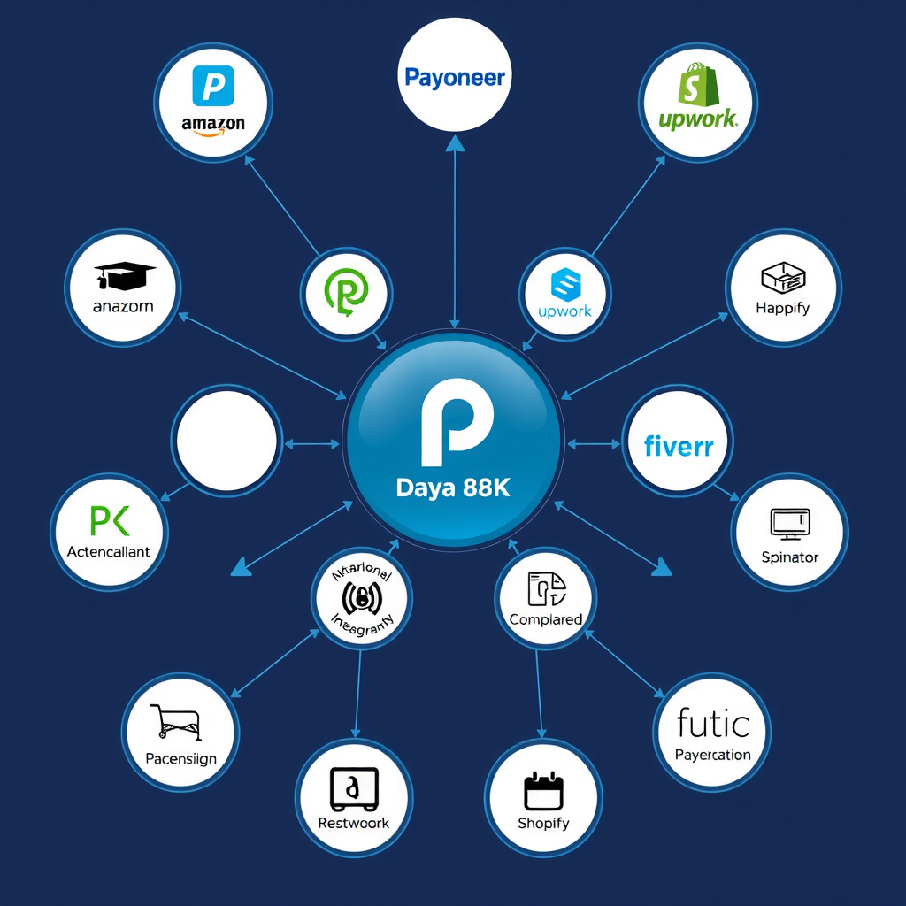 Visual representation of PayoneerTech integration ecosystem showing connections to major platforms like Amazon, Upwork, Fiverr, Shopify, and other e-commerce and freelance marketplaces with interconnected nodes and data flow arrows