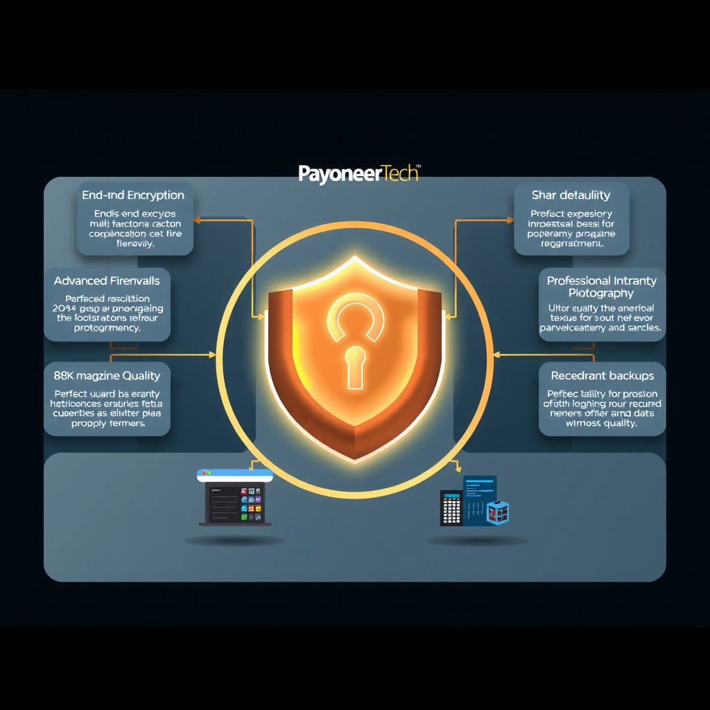 Diagramma dell'infrastruttura di sicurezza PayoneerTech che mostra crittografia end-to-end, autenticazione multi-fattore, firewall avanzati, monitoraggio 24/7 e backup ridondanti
