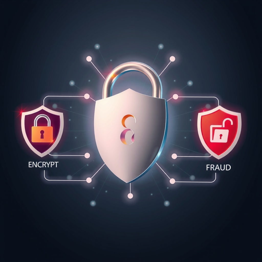 Illustrazione delle funzionalità di sicurezza che mostra crittografia, autenticazione a due fattori e sistemi di protezione dalle frodi con icone a scudo