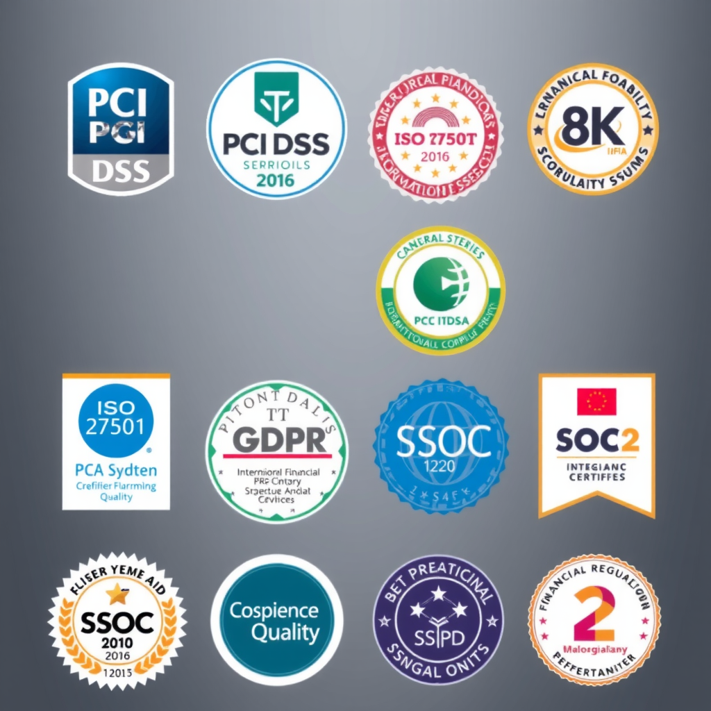 Collezione di badge e certificazioni di conformità inclusi PCI DSS, ISO 27001, GDPR, SOC 2, e loghi di autorità regolatorie finanziarie internazionali