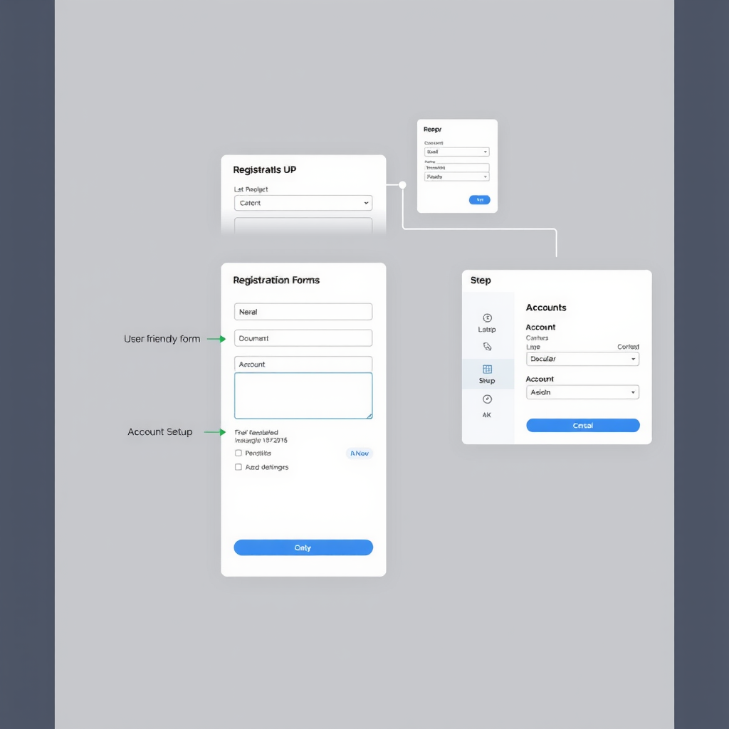 Interfaccia del processo di registrazione passo dopo passo che mostra moduli user-friendly, caricamento documenti e schermate di configurazione account