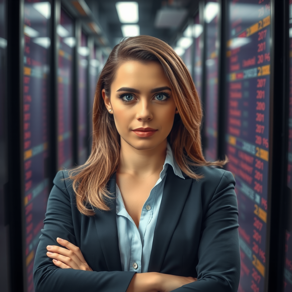 Sofia Conti, CISO di PayoneerTech, esperta di sicurezza informatica in ambiente tecnologico sicuro, espressione vigile e professionale, elementi di cybersecurity sullo sfondo